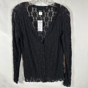didi Black Stretch Long Sleeve Lace Button Down V-neck Top Shirt L NWT